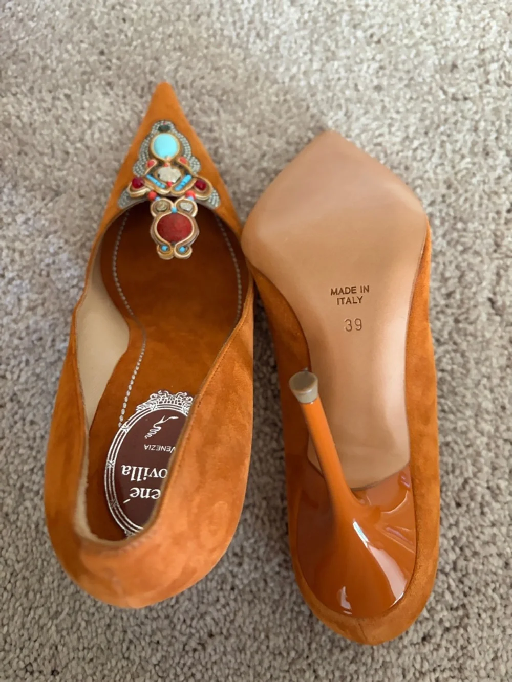 Rene Caovilla Orange Suede Embellished heels NIB size 39 made in Italy - Picture 2 of 7